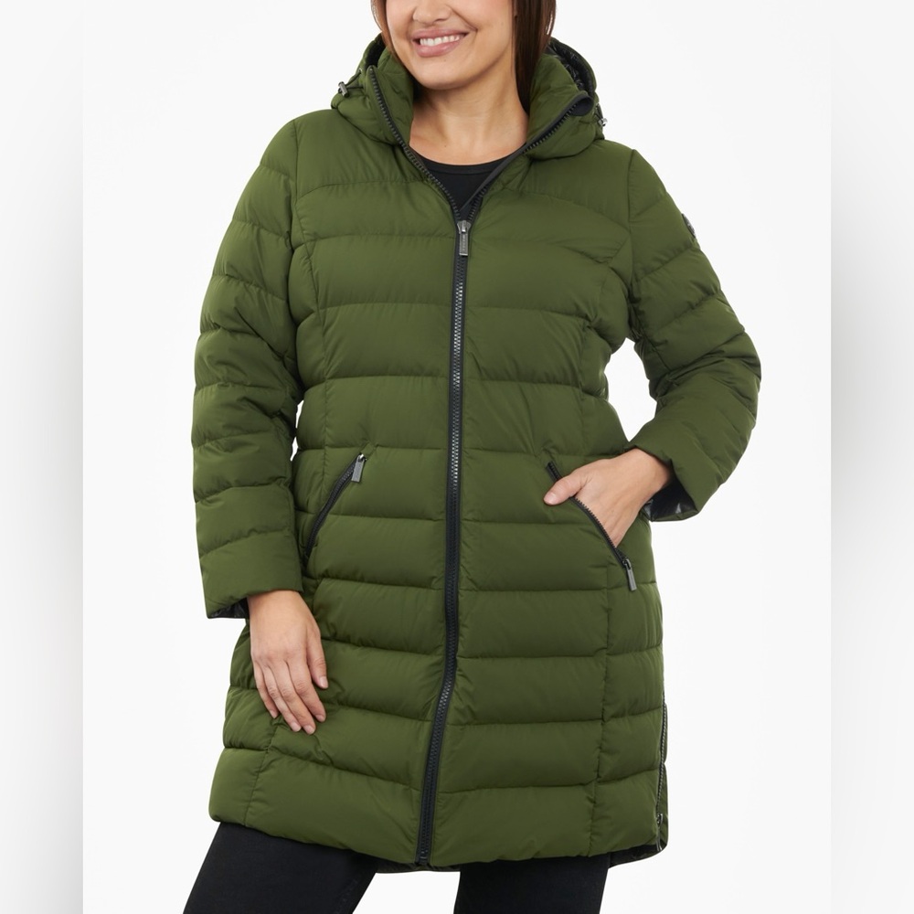NWT Michael Kors Women's Hooded Faux-Leather-Trim Puffer Coat Green Size Small